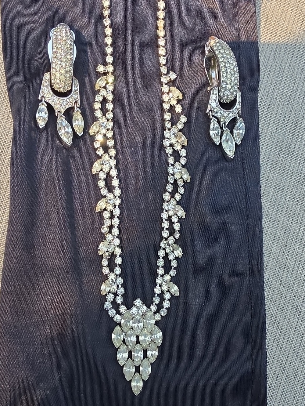 Vintage Trifari Crystal Drop Necklace and Earrings Set - Silver Tone